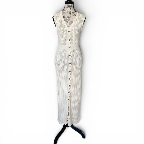 Mango Dresses & Skirts - Mango MNG Knit Maxi Dress Womens M Cream Pointelle Button Front Sleeveless Boho